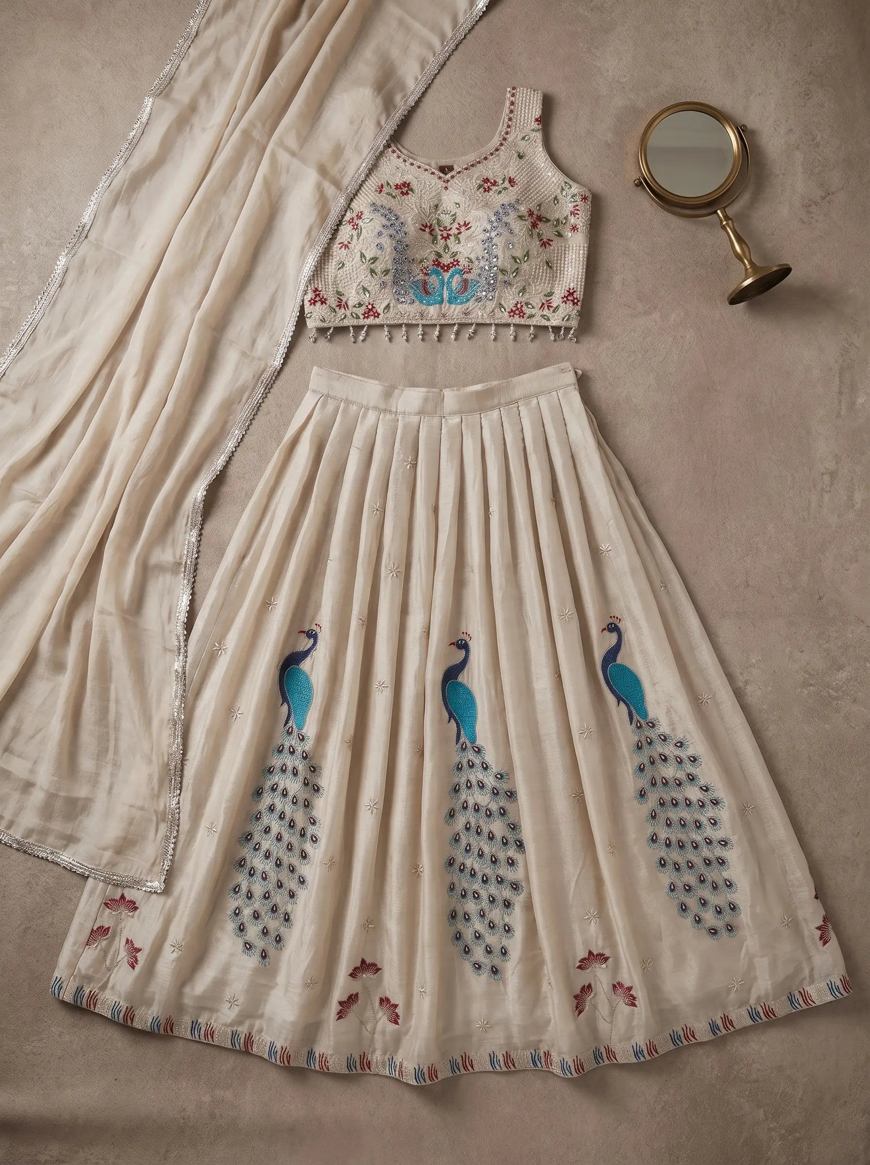 Pearl grey georgette lehenga set displayed flat with embroidered peacock motifs, embellished blouse and matching dupatta