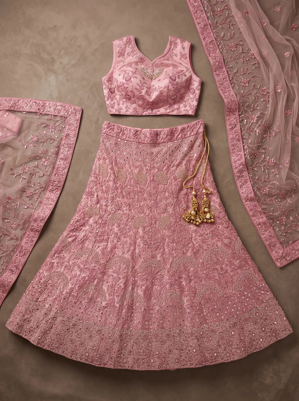 Dusty pink embroidered net lehenga set with matching blouse and bordered net dupatta displayed flat