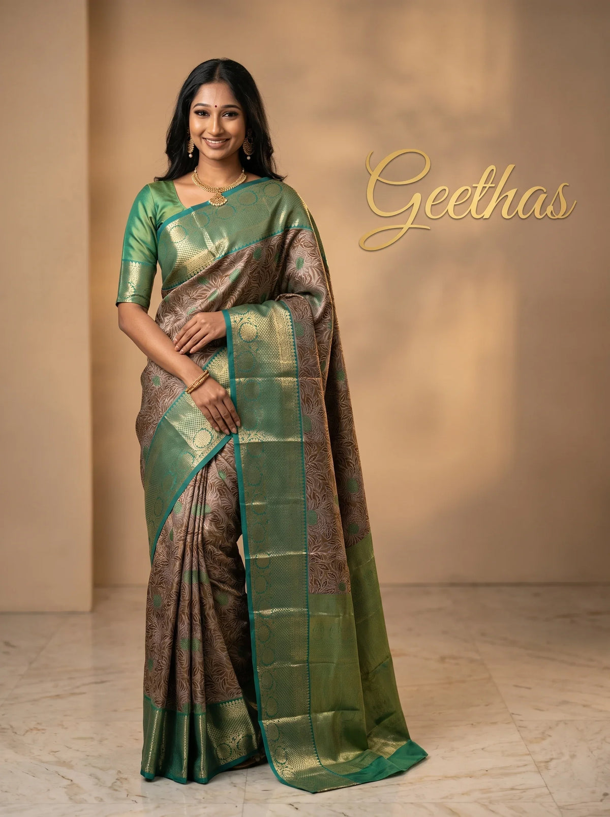 Model wearing a beige-gold floral woven saree with a teal-green and gold-toned border