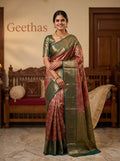 Model wearing a rose red floral soft silk saree with a contrasting teal green woven border