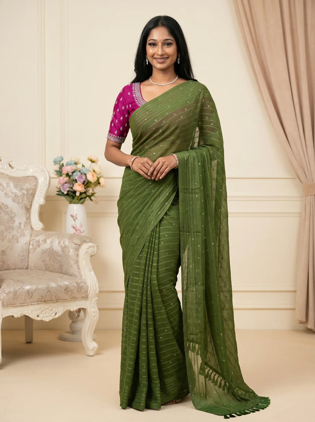 Olive Green Georgette Stone Work Saree with Contrast Magenta Blouse