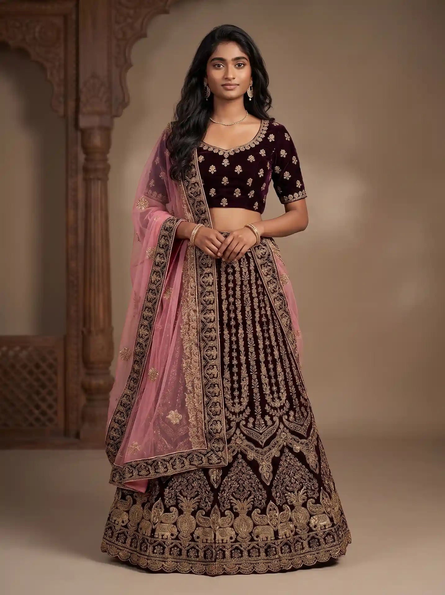 Bridal Deep Wine Velvet Heavy Gold Embroidered Semi-Stitched Lehenga Set