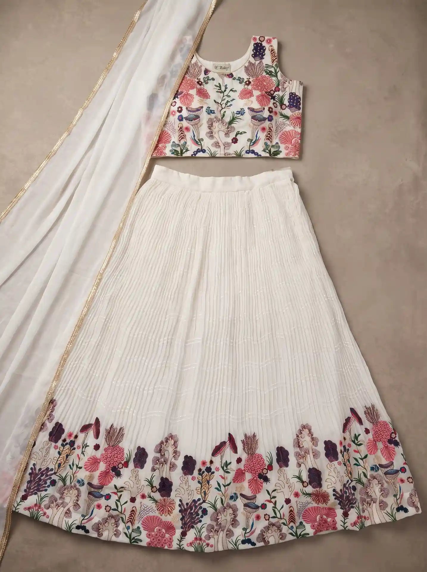 Swan White Ready to Wear Georgette Floral Embroidered Lehenga Set