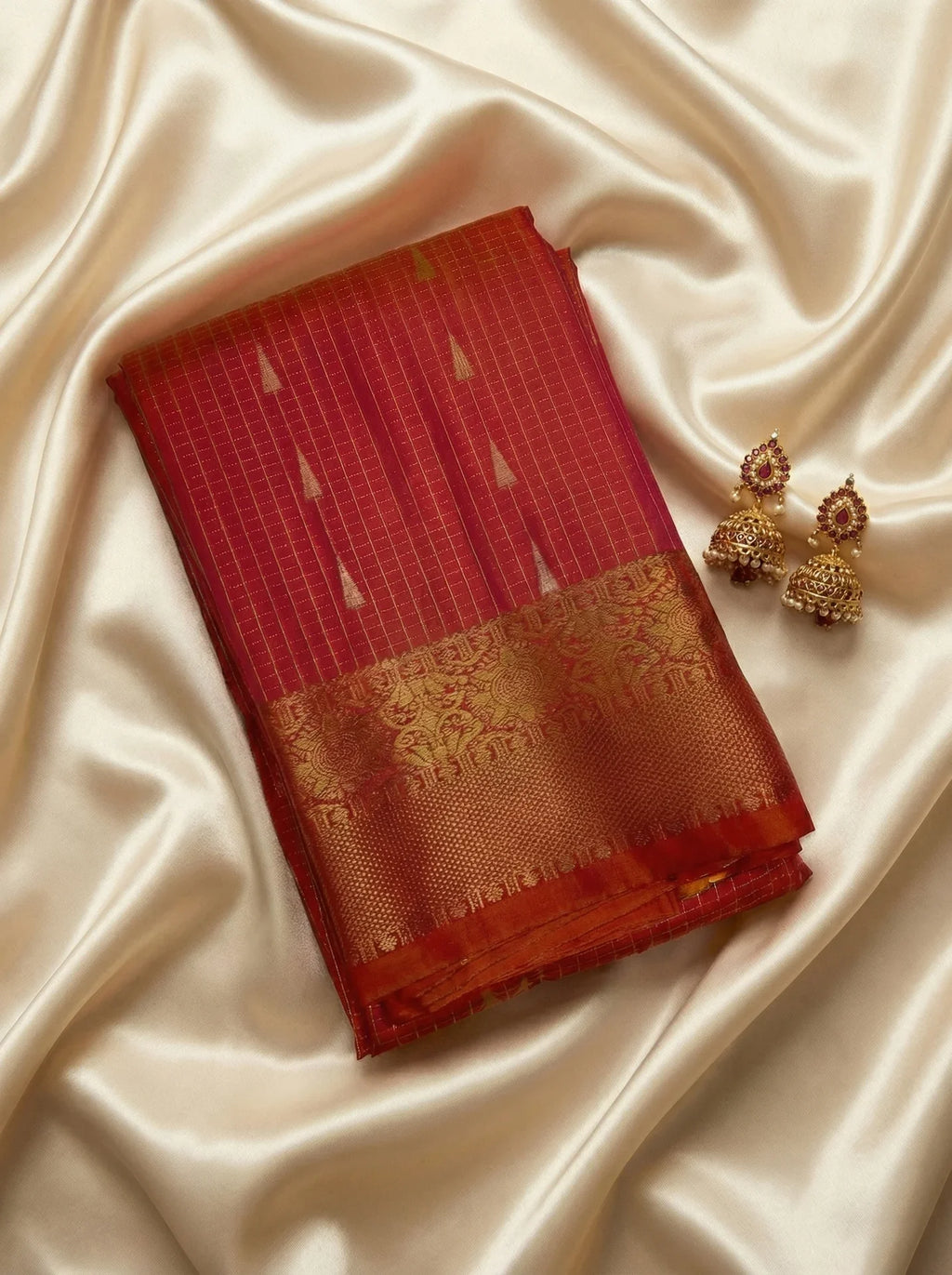 Reddish Orange Checked Kanchi Soft Silk Saree